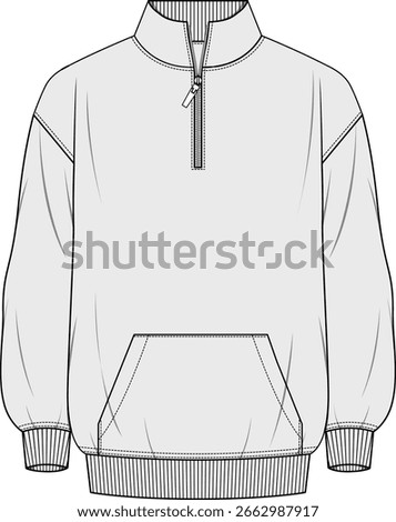 A half zip high neck sweatshirt with a kangaroo pocket and full sleeve cad illustration mens cad