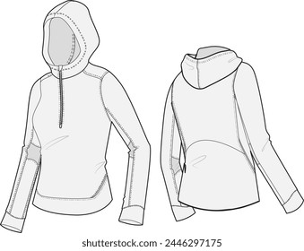 Half zip hooded active panelled jacket technical illustration design template. 