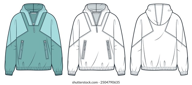 Half Zip Hoodie technical fashion illustration. Hooded Jacket fashion flat technical drawing template, pockets, oversize, front and back view, white, green, women, men, unisex Top CAD mockup set.