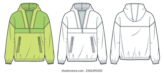 Half Zip Hoodie technical fashion illustration. Hooded Jacket fashion flat technical drawing template, pockets, oversize, front and back view, white, yellow, women, men, unisex CAD mockup set.