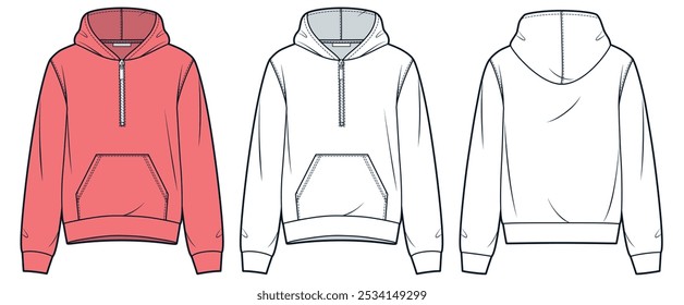 Half Zip Hoodie technical fashion illustration. Sweatsirt fashion flat technical drawing template, pocket, relaxed fit, front and back view, pink red, women, men, unisex CAD mockup set.