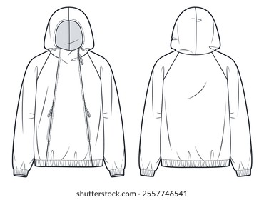 Half Zip Hoodie technical fashion illustration. Anorak Jacket fashion flat technical drawing template, pockets, oversize, front and back view, white, women, men, unisex CAD mockup.