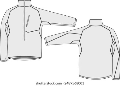 Half Zip Longsleeve Performance Shirt Technical Fashion Illustration Mock-up Template for Activewear Design and Tech Packs
