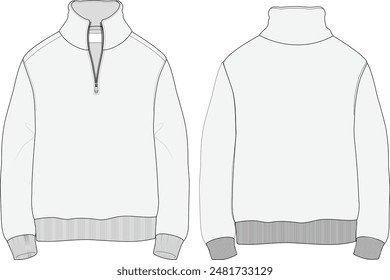 Half Zip Longsleeve Sweatshirt Technical Fashion Illustration Mock-up Template for Design and Tech Packs