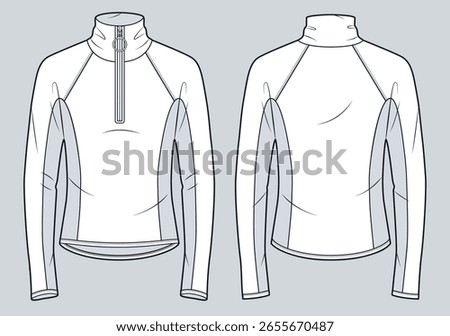 Half Zip mock neck activewear Top technical fashion illustration. Raglan Sleeve Shirt fashion flat technical drawing template, fitted, front and back view, two tone, women, men, unisex CAD mockup.