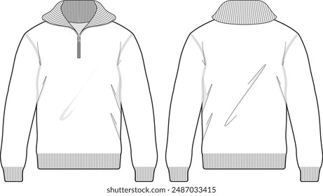 Half Zip Mock Neck Sweatshirt Technical Fashion Illustration Mock-up Front and Back Template for Design and Tech Packs