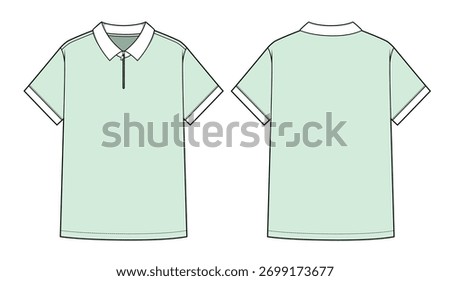 Half zip polo shirt front and back view vector design mockup template technical flat drawing.