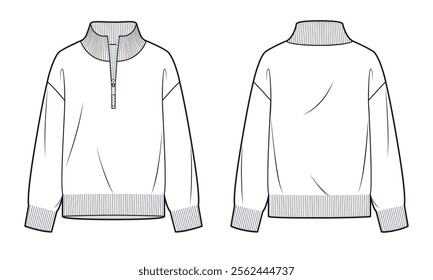 Half Zip Sweater technical fashion illustration. Roll Neck Sweater fashion flat technical drawing template, zipper, relaxed fit, front and back view, white, women, men, unisex CAD mockup.