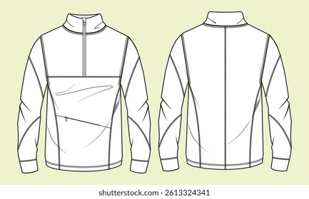 Half Zip Through High Neck Jacket Back and White Outline Drawing Fashion Flat Sketch CAD Mockup Template
