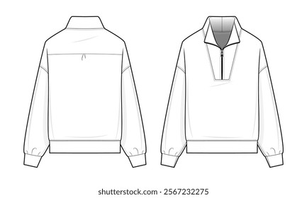 Half zip track jacket technical fashion illustration. Track jacket vector template. Front and back view. Drop shoulder. Activewear. Unisex. CAD mockup set.