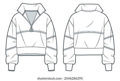 Ilustración de moda técnica de sudadera con cremallera media. Plantilla técnica plana del dibujo, cuello del rollo, crudo, de gran tamaño, frente, vista posterior, blanco, mujeres, hombres, maqueta CAD unisex.