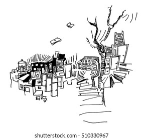 Half-abstract composition of illustrated furniture and everyday objects.