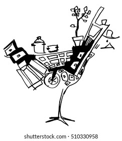 Half-abstract composition of illustrated furniture evoking a bird.
