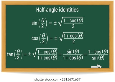 Half-Angle Identities. Trigonometry Formula on a green chalkboard. School. Math. Vector illustration. 