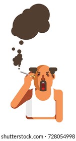 Half-bald man with beard smokes cigarette and spreads black smoke