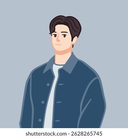 A half-body portrait illustration of a handsome Korean boy wearing a stylish, trendy outfit. Perfect for profile use, fashion-related content, or K-pop inspired designs.