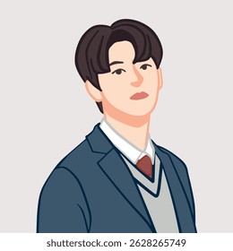 A half-body portrait illustration of a handsome Korean boy wearing a stylish, trendy outfit. Perfect for profile use, fashion-related content, or K-pop inspired designs.