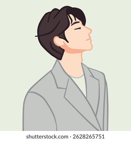 A half-body portrait illustration of a handsome Korean boy wearing a stylish, trendy outfit. Perfect for profile use, fashion-related content, or K-pop inspired designs.