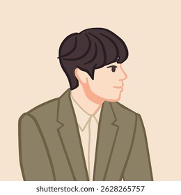 A half-body portrait illustration of a handsome Korean boy wearing a stylish, trendy outfit. Perfect for profile use, fashion-related content, or K-pop inspired designs.