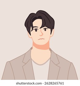 A half-body portrait illustration of a handsome Korean boy wearing a stylish, trendy outfit. Perfect for profile use, fashion-related content, or K-pop inspired designs.
