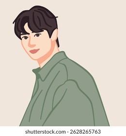 A half-body portrait illustration of a handsome Korean boy wearing a stylish, trendy outfit. Perfect for profile use, fashion-related content, or K-pop inspired designs.