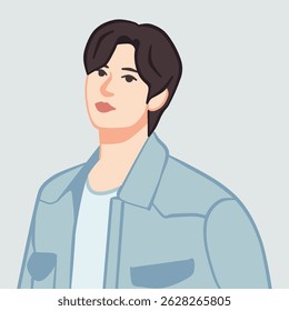 A half-body portrait illustration of a handsome Korean boy wearing a stylish, trendy outfit. Perfect for profile use, fashion-related content, or K-pop inspired designs.