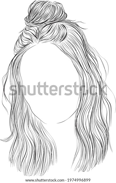Half-bun, straight hair, female vector\
illustration. Black and white\
outlines	