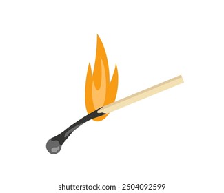 Half-burnt match. Burning match. Wooden match with fire. Weak gorenje, extinguished fire. Lit matchstick burning with fire flame isolated on white background. Vector flat icon