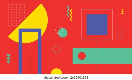 Half-circle and block forms arranged in a vibrant abstract layout over red background. Perfect for modern design visuals.