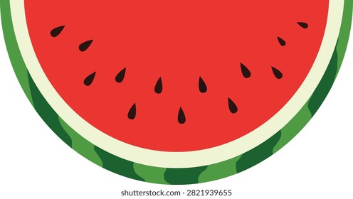 a half-circle watermelon slice featuring bright red pulp, black seeds, white inner rind, and green outer skin