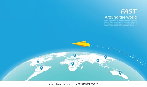 Half-circle world map on a blue background with a paper airplane flying over it and pins on the map. Perfect for web banners and ads. Vector image.