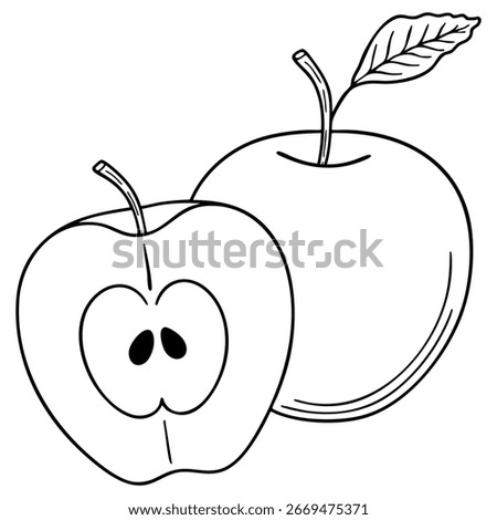 A Half-Cut Apple Outline for a Coloring Book on a Transparent Background