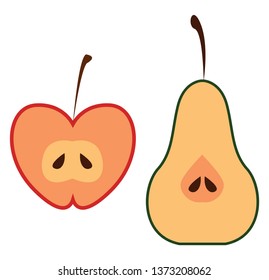 Half-cut apple and pear cartoon fruits with dark-red and dark-green colored respective outlines have two individual oval-shaped black seeds vector color drawing or illustration 