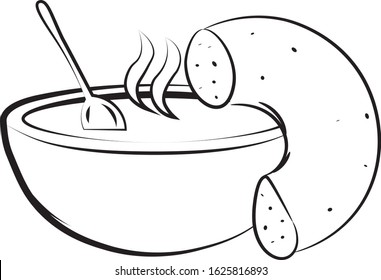 A half-drawn bagel, in cartoon style, and hot soup next to a spoon.