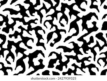 halfdrop pattern with interlaced seaweed abstract floral design elements. Trendy graphical repeat in black and white colors. Seamless texture in hipster style for beach swimsuit, female active wear, p