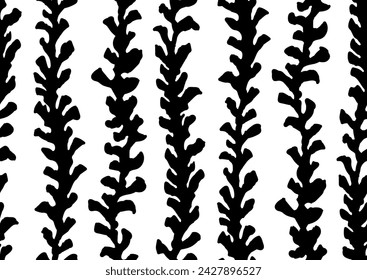 halfdrop pattern with seaweed strips abstract floral design elements. Trendy graphical repeat in black and white colors. Seamless texture in hipster style for beach swimsuit, female active wear, print