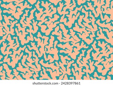 Halfdrop repeat pattern with interwined seaweed abstract floral design elements. Trendy contrast peach fuzz and turquoise colors. Seamless texture in boho style