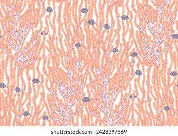 Halfdrop repeat pattern with interwined seaweed abstract floral design elements. Trendy peach fuzz, pink, blue colors. Seamless texture in hipster style for beach swimsuit, female active wear, print