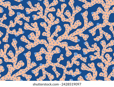 Halfdrop repeat pattern with interwined seaweed abstract floral design elements. Trendy peach fuzz, nautical blue colors. Seamless texture in hipster style for beach swimsuit, female active wear