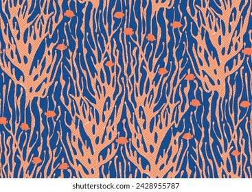 Halfdrop repeat pattern with seaweed abstract floral design elements. Trendy peach fuzz, apricot crush, nautical blue colors. Seamless texture in hipster style for beach swimsuit, sport wear