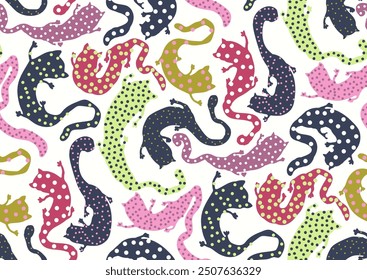 Halfdrop repeat seamless pattern with playful colorful cats silhouette shapes. black, white, pink, green, blue colors, isolated background