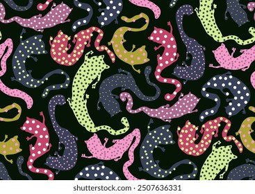 Halfdrop repeat seamless pattern with playful colorful cats silhouette shapes. black, white, pink, green, blue colors, isolated background