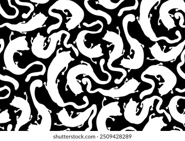 Halfdrop repeat seamless pattern with playful black cats silhouette shapes. black and white isolated background