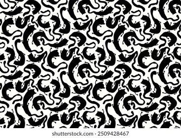 Halfdrop repeat seamless pattern with playful black cats silhouette shapes. black and white isolated background