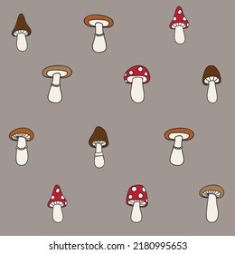 Half-drop seamless repeat pattern with different shape fall harvest woodland mushrooms on taupe gray. Fly agaric amanita cute simple doodle shrooms