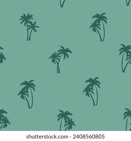 Half-drop seamless repeat pattern with ditsy tonal teal green palm tree silhouettes. Men's, boys, tropical beach, shirt print and more.