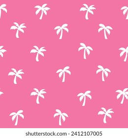 Half-drop seamless repeat pattern with ditsy white palm tree silhouettes on hot pink. Girls, young men, boys, tropical beach, shirt print and more.