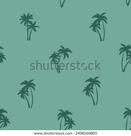 Half-drop seamless repeat pattern with ditsy tonal teal green palm tree silhouettes. Men's, boys, tropical beach, shirt print and more.