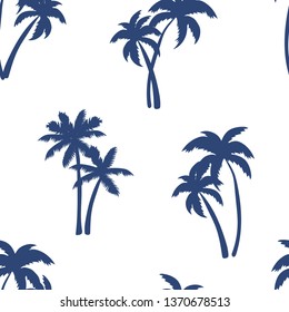 Half-drop seamless repeat pattern with navy blue palm tree silhouettes in white. Coastal, tropical simple background in blue and white