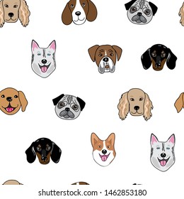 Half-drop vector seamless repeat pattern with happy dog heads. different breeds on white background